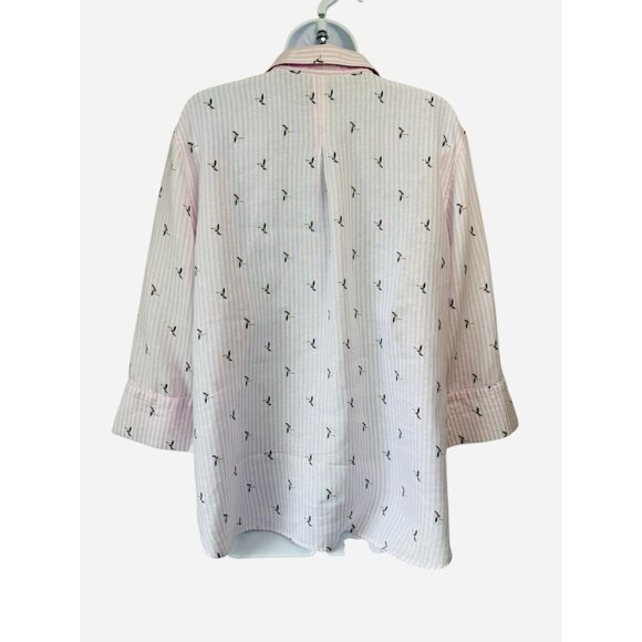Chicos 3 Top No Iron Linen Shirt Pink Striped Hummingbird Button Up XL - Picture 5 of 7